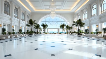 Obraz premium A grand entrance hotel lobby with elegant arches, luxurious chandeliers, and classic European decor, hyperdetailed, isolated on white background