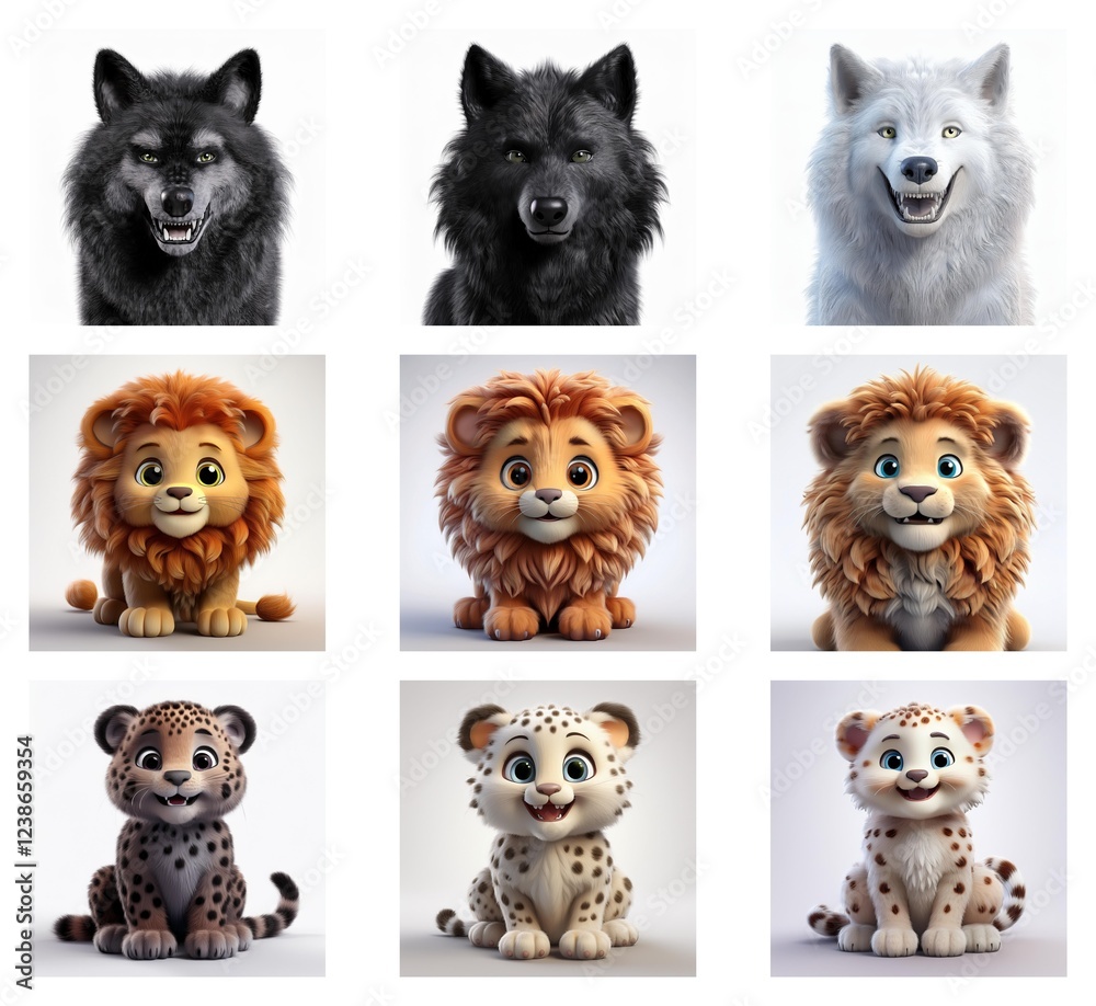 Poster a charming grid showcasing stylized 3d renderings of wolf and lion cubs in various color palettes. t