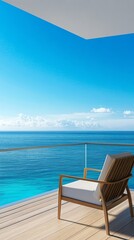 A highrise apartment balcony with a modern lounge chair, wooden deck, and ocean horizon, ultradetailed, isolated on white background