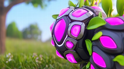 Futuristic Black Sphere with Neon Pink Elements and Green Foliage