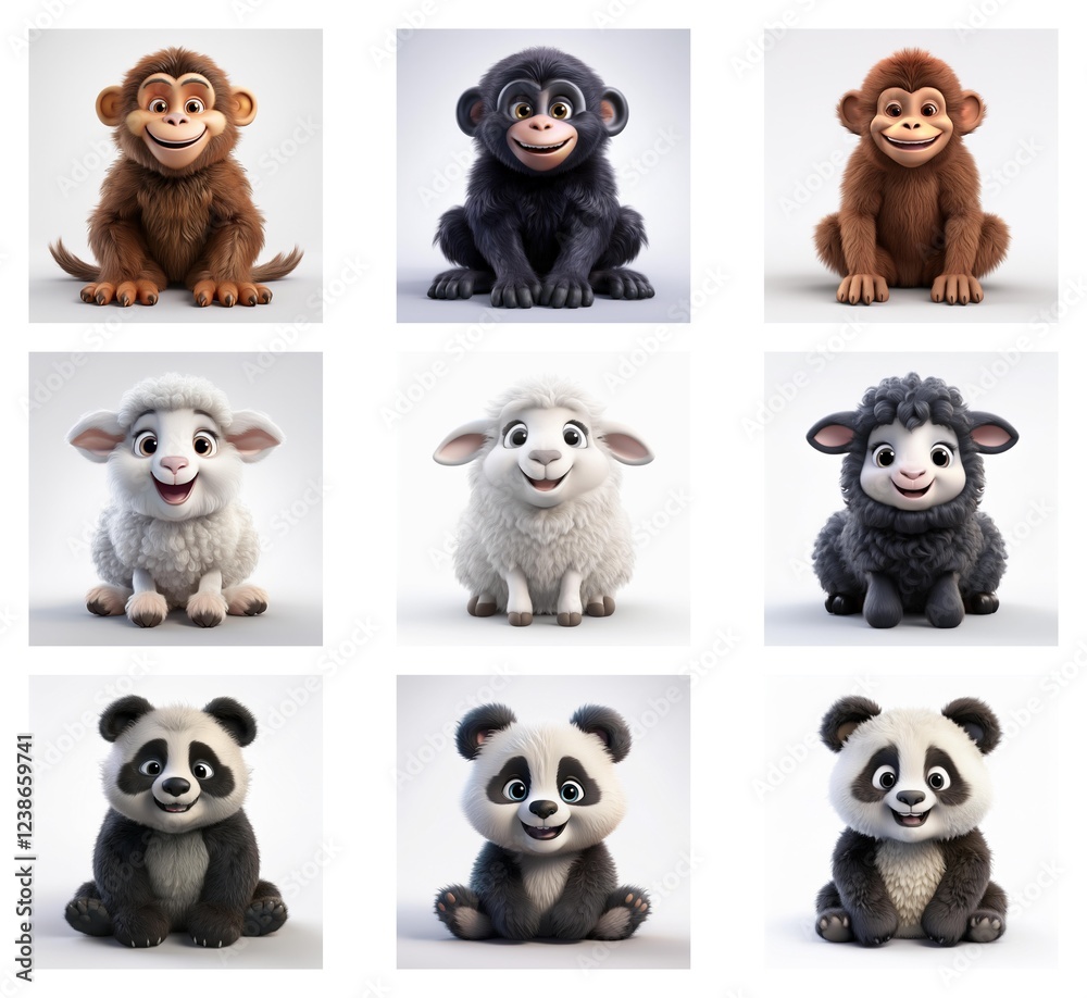 Poster adorable 3d renderings of baby monkeys, lambs, and pandas in various colors. each animal is depicted