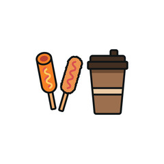 Drink and corn dog set icon represents a popular street food and beverage combo, perfect for snack bar branding, food truck menus, carnival promotions, and fast food visuals.
