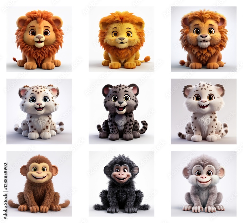 Poster adorable 3d rendered baby animals: lion cubs, snow leopards, and monkeys in various color variations
