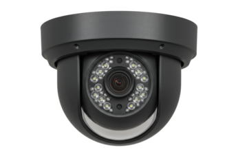 Dome-shaped security camera with infrared LED lights, isolated on white background