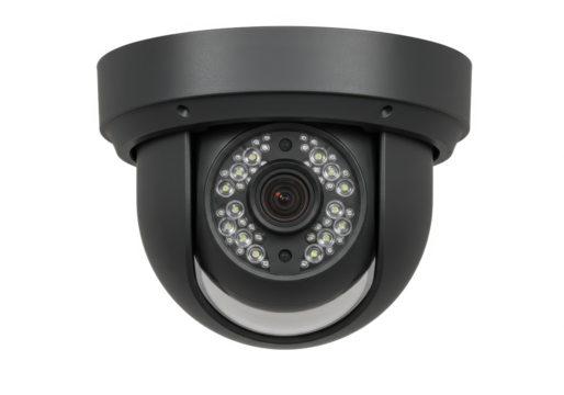 Dome-shaped security camera with infrared LED lights, isolated on white background