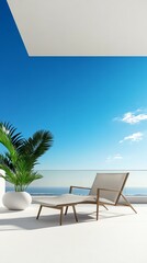 Fototapeta premium A minimalist balcony with a soft beige aesthetic, reading chair, and blue sky view, photorealistic, isolated on white background