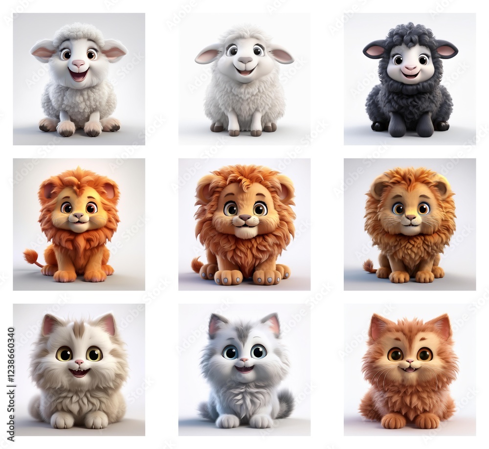 Poster Adorable 3D renderings of lambs and lion cubs showcase variations in fur color and texture.  Each animal displays a cheerful expression.