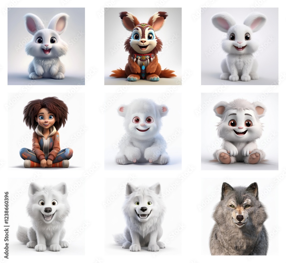 Poster a charming grid showcasing adorable 3d-rendered animals and a girl, each sitting and exhibiting uniq