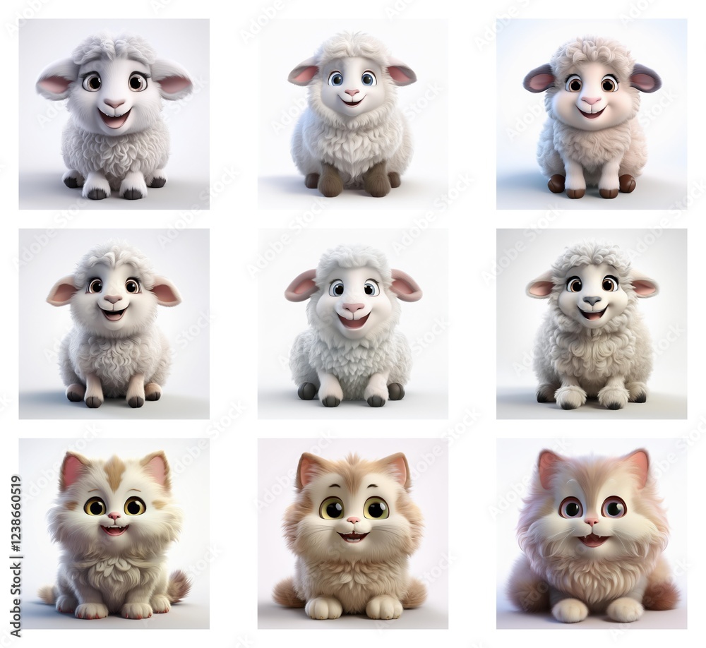 Poster Nine adorable 3D renderings: three fluffy lambs and three fluffy kittens, each in slightly different poses.  Variations showcase texture and expression.