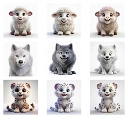 Nine adorable cartoon animals: three fluffy lambs and three wolves in varying shades of white and grey, plus three snow leopards.  Each animal is presented in a cute, friendly pose.