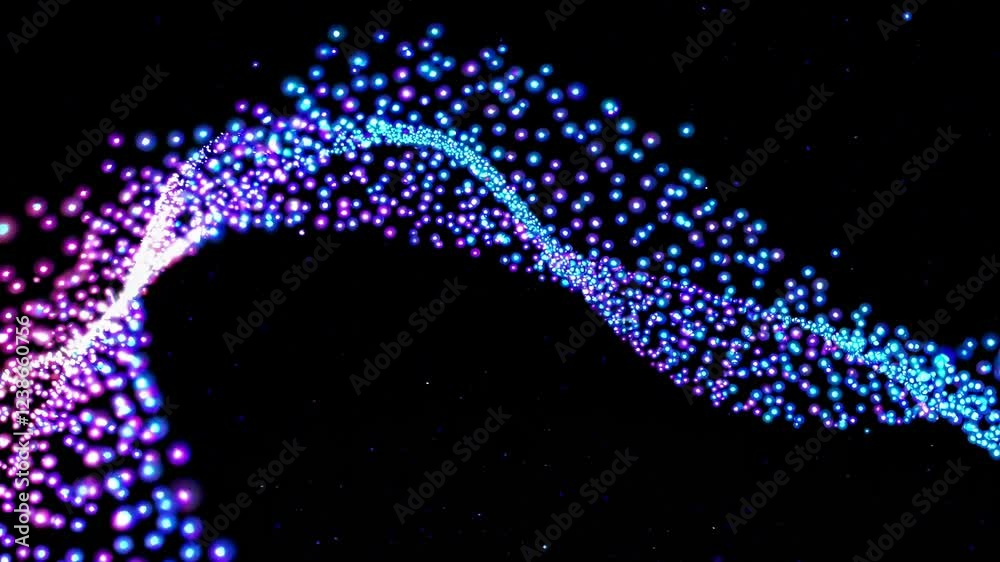 Poster abstract background with glowing particles flowing and creating a wavy line on black background, sui