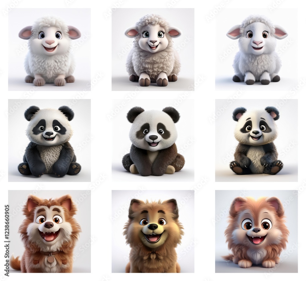 Poster nine adorable 3d rendered baby animals: three lambs, three pandas, and three fluffy puppies. each an