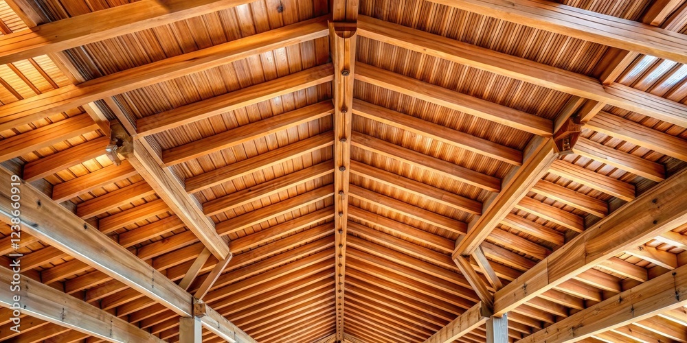 Poster intricate wooden ceiling structure with geometric design and beams