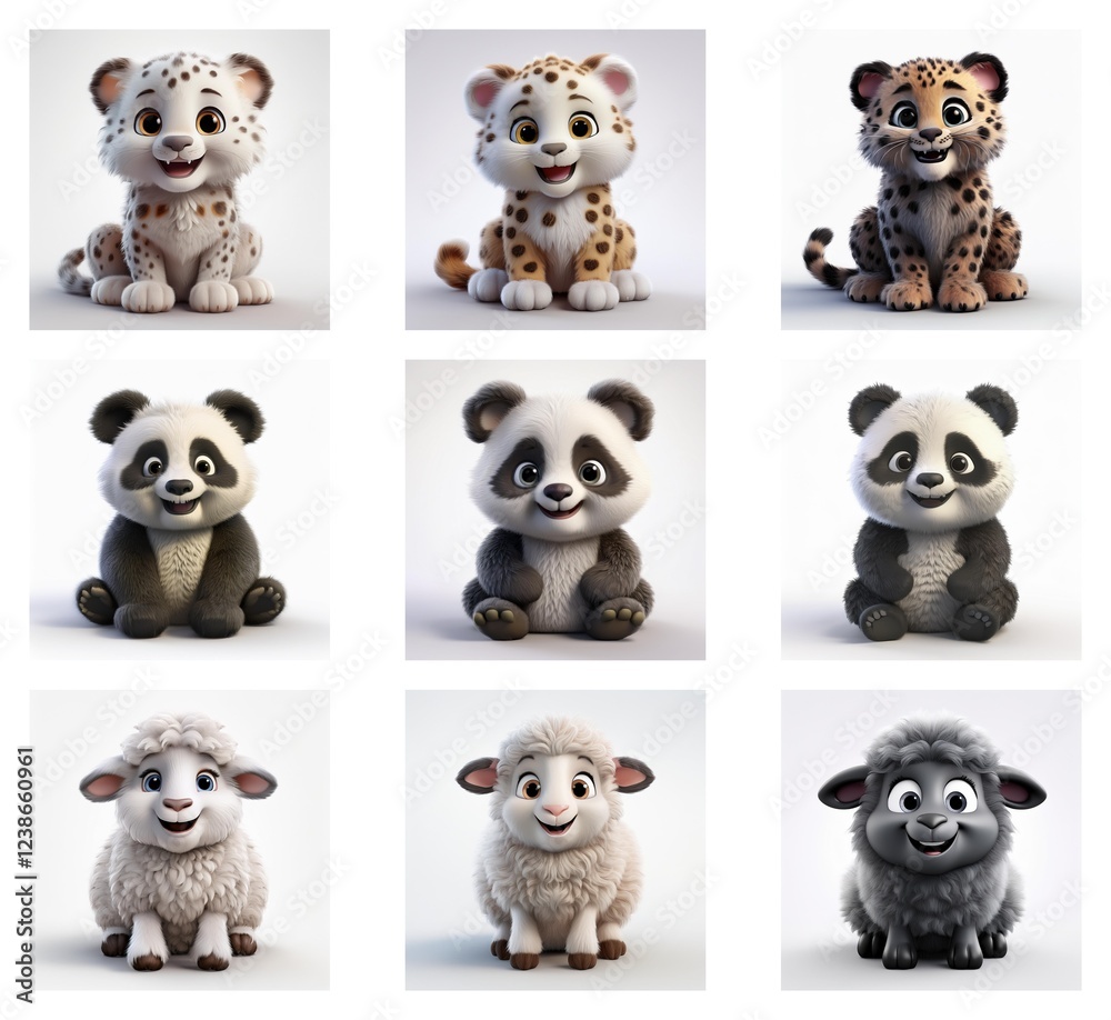 Aufkleber adorable 3d renderings of baby animals: snow leopard, leopard, panda, and sheep in various color sch
