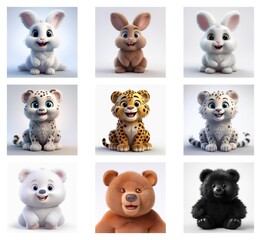 Obraz premium Adorable cartoon animals: rabbits, snow leopards, and bears in various colors, sitting and smiling. A cute collection of 3D rendered creatures.