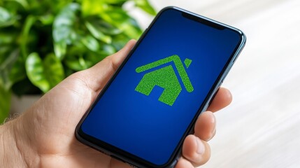 Smartphone Displaying House Icon Over Green Background and Plant