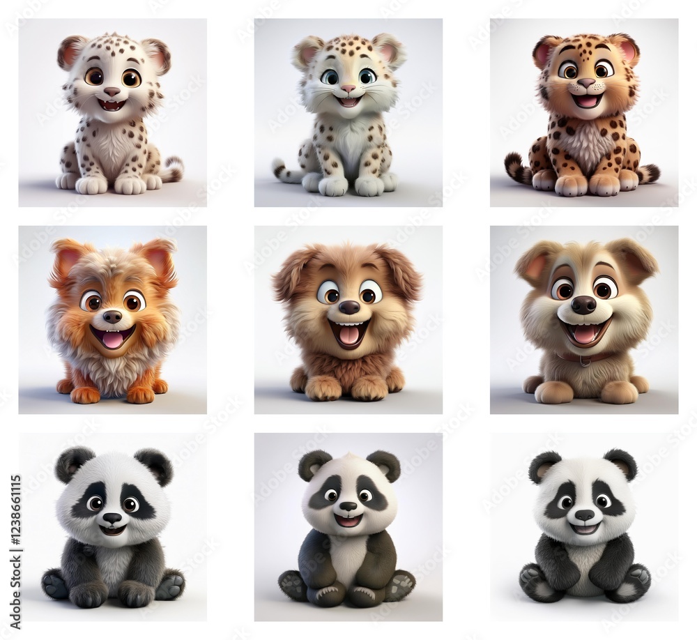 Poster Adorable cartoon cubs and puppies in a 3x3 grid.  Each animal is depicted in a sitting position with a cheerful expression.  Variations in fur color and pattern are visible.