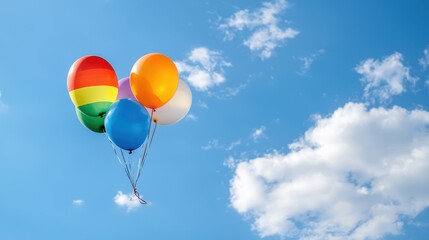 Fototapeta premium Bunch of colorful helium balloons floating in a clear blue sky during daylight
