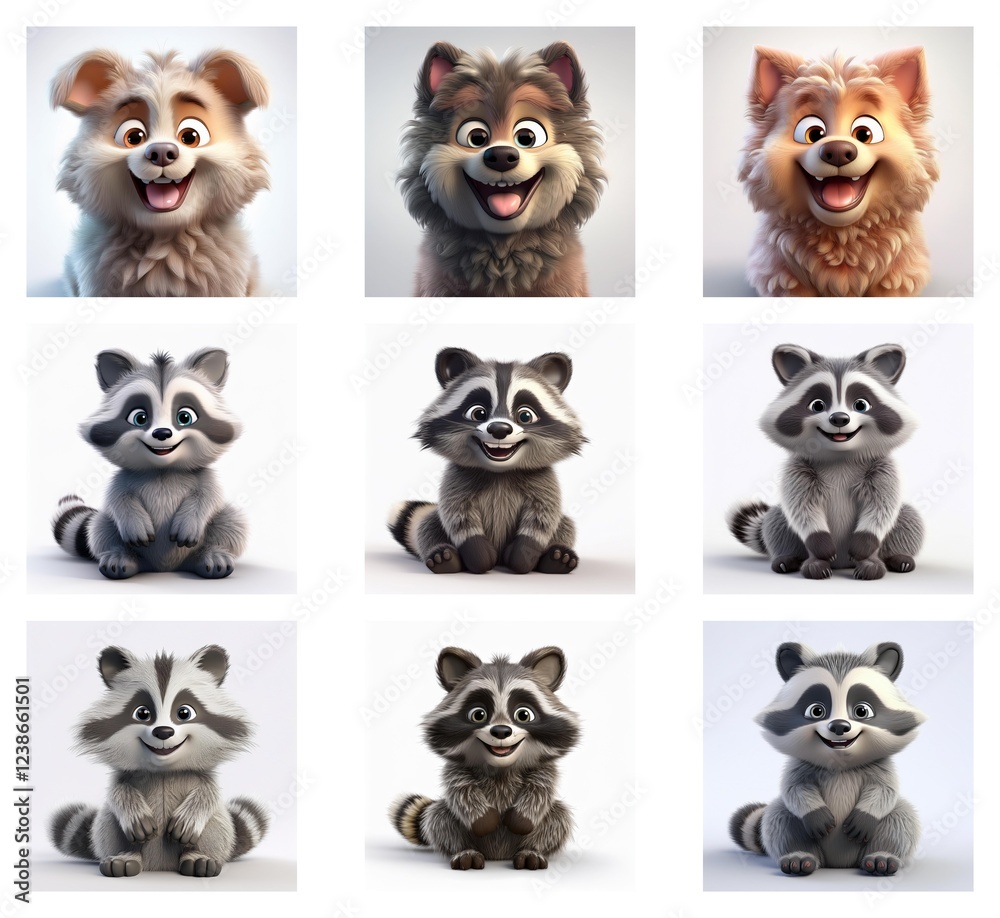 Poster nine adorable 3d renderings of cartoon dogs and raccoons. variations in fur color and pose showcase 