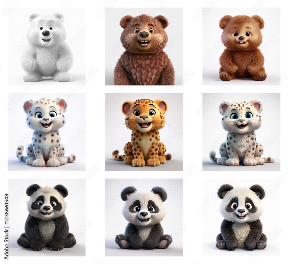 Poster adorable cartoon animals in a 3x3 grid. each row features variations of a bear, cheetah, and panda, 