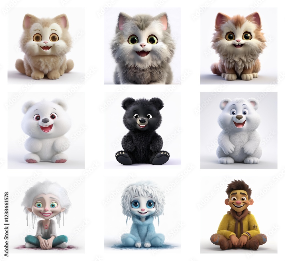 Poster adorable 3d-rendered animals and a girl, sitting and smiling. various fur textures and colors showca