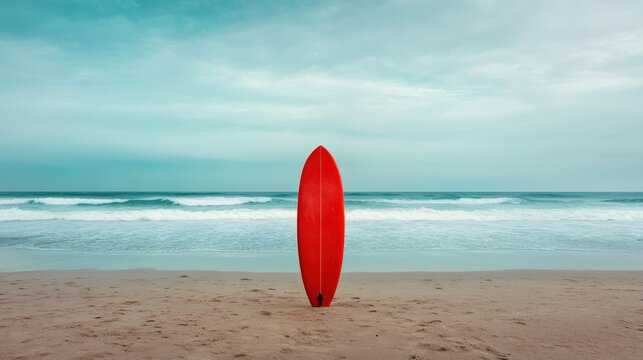 A vibrant red surfboard stands alone on a serene beach, capturing the essence of relaxation and adventure against a backdrop of gentle waves and cloudy skies.