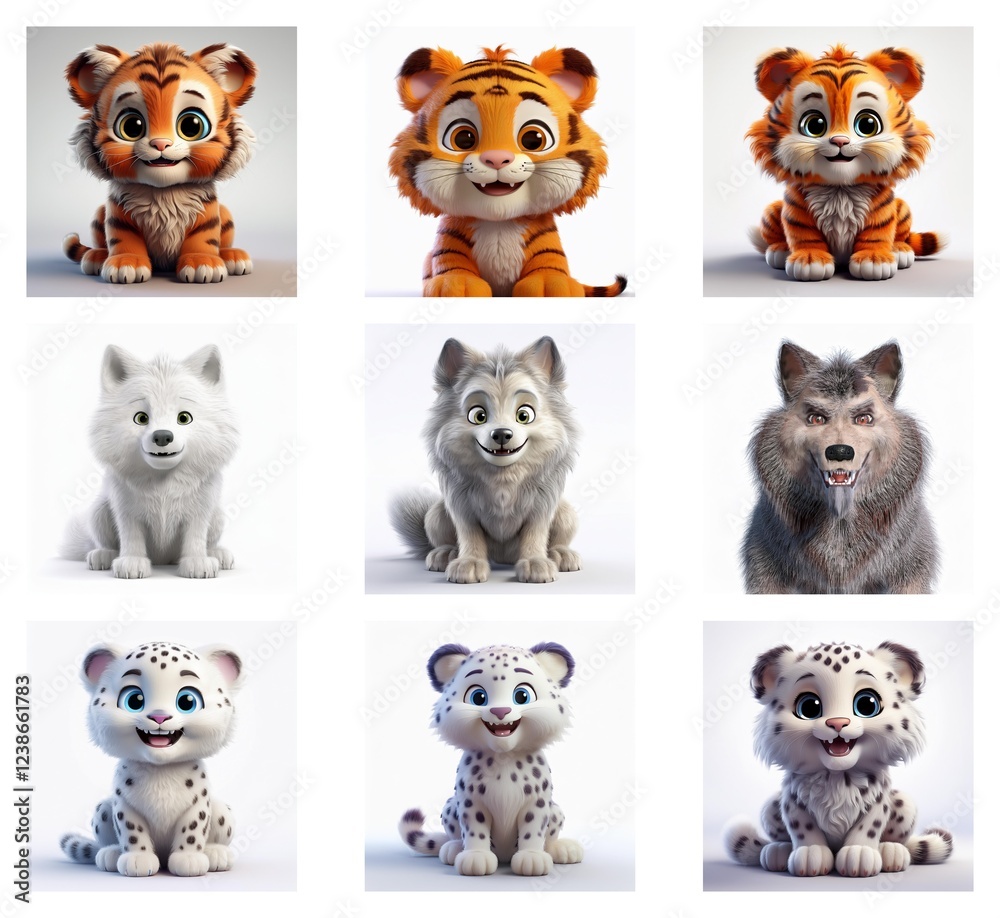 Poster nine adorable, cartoonish renderings of tiger and wolf cubs. each animal is depicted in a sitting po