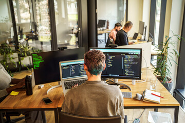 High angle rear view of non-binary coding professional working on desktop PC and laptop in office