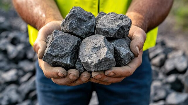 Hands display large gray rocks collected from a mining area under bright sunlight with additional rock piles in the background