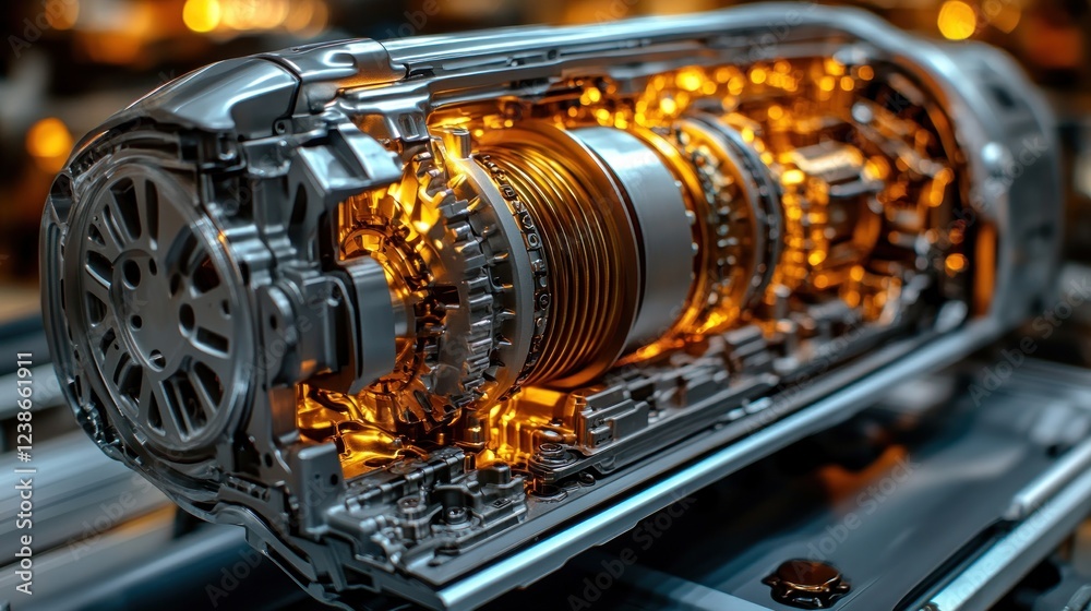 Fototapete cross-section of a gleaming metallic automatic transmission, internally illuminated, showcasing intr