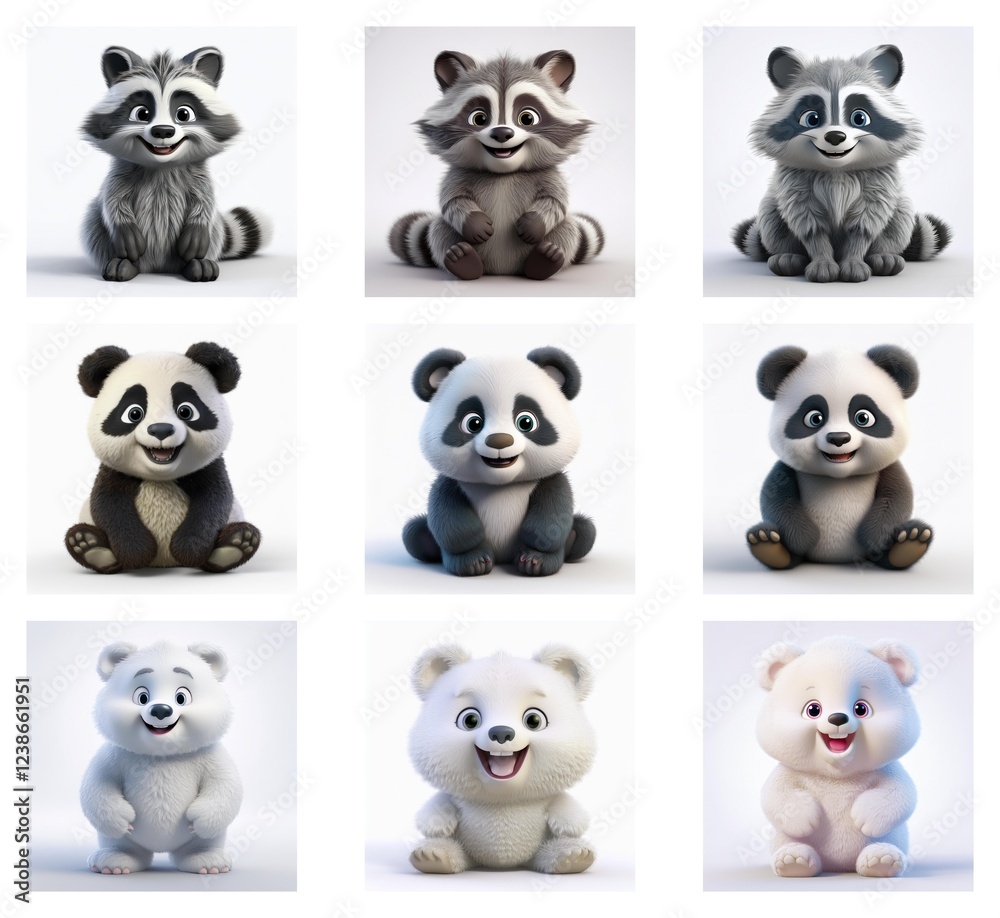 Poster Adorable cartoon renderings of raccoons, pandas, and polar bears in various poses.  Each animal has a cheerful expression.  Variations in fur texture and lighting add visual interest.
