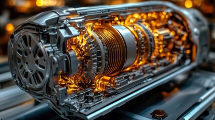 Fototapeta premium Cross-section of a gleaming metallic automatic transmission, internally illuminated, showcasing intricate gears and mechanisms.