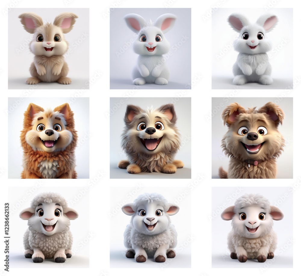 Poster adorable 3d renderings of bunnies and fluffy puppies and lambs in various colors. each animal is dep