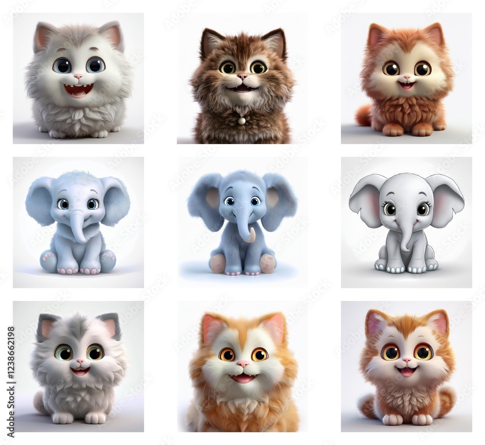 Poster adorable 3d renderings of fluffy kittens and cute baby elephants. variations in color and pose showc