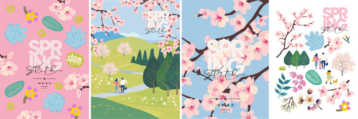 Hello spring! Springtime. Vector illustration of nature, landscape, sakura or cherry blossom, park, trees, family on a walk, field, lawn for background, banner or poster