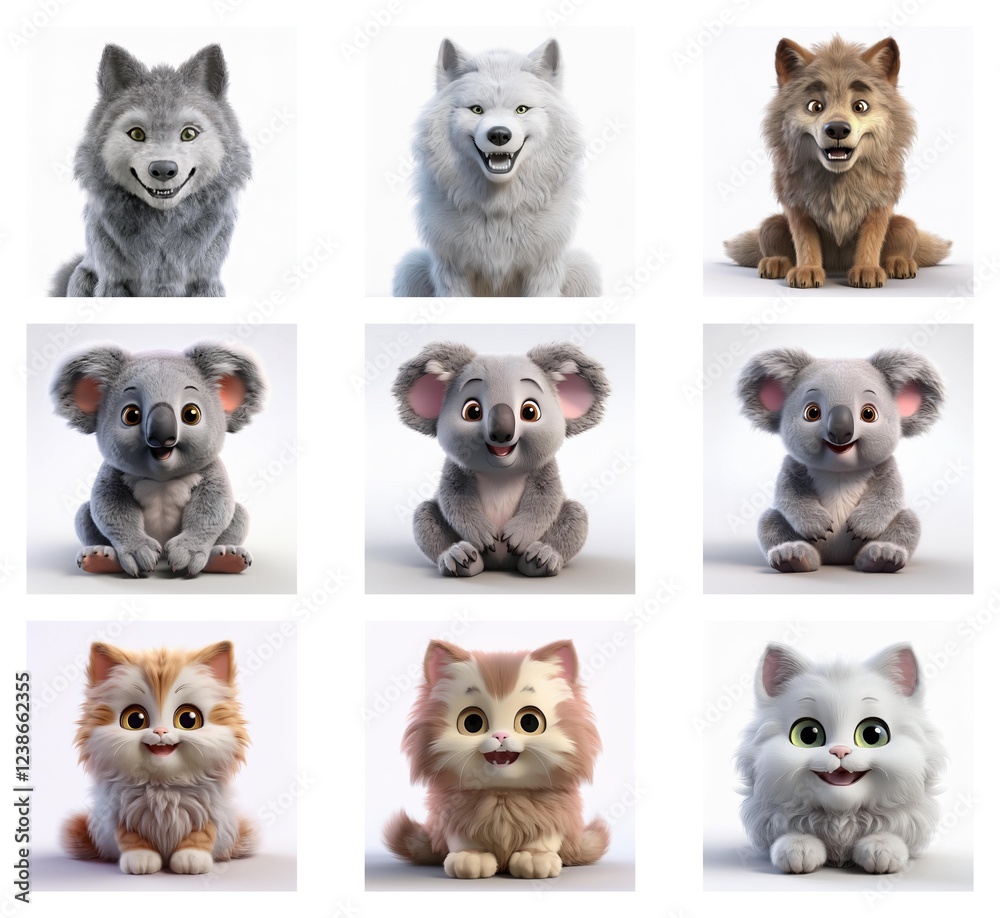 Aufkleber nine adorable 3d rendered animals: wolves in varying fur colors and three fluffy kittens in differen