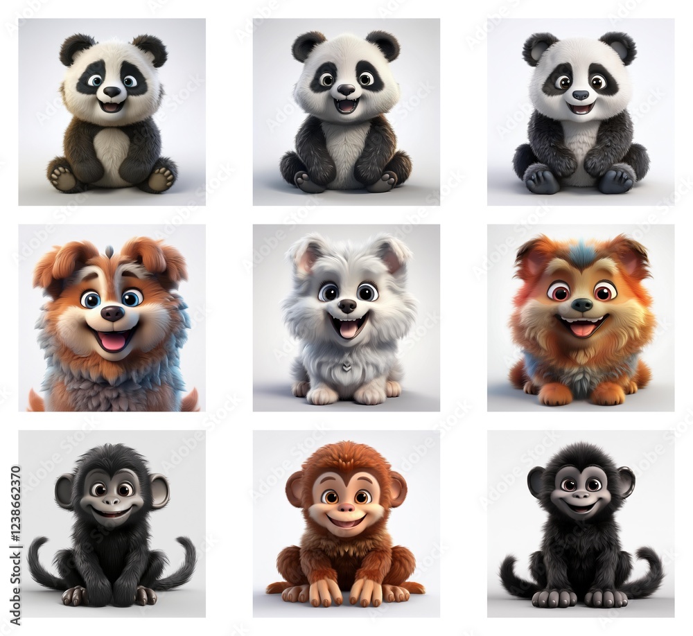 Aufkleber Adorable 3D renderings of pandas, dogs, and monkeys.  Each animal is depicted in a cute, cartoonish style against a simple white background.  Variations in color and fur texture add visual interest.