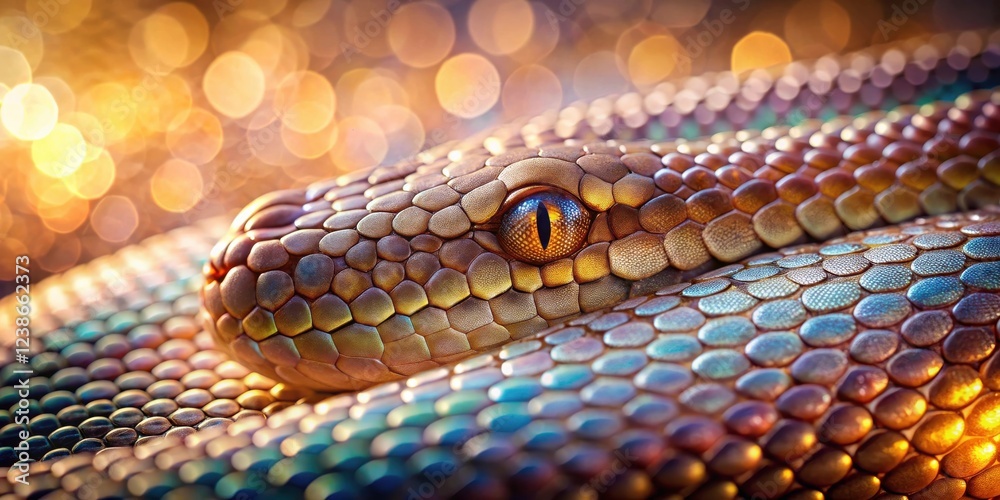 Aufkleber close-up view of a reptile's eye and iridescent scales, bathed in warm light against a bokeh backgro