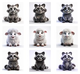 Obraz premium Adorable cartoon raccoons and lambs in various poses. Fluffy, cute, and charming, these digital illustrations are perfect for children's books or products.
