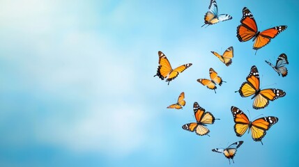 A group of colorful butterflies flying gracefully in a clear blue sky during a sunny day