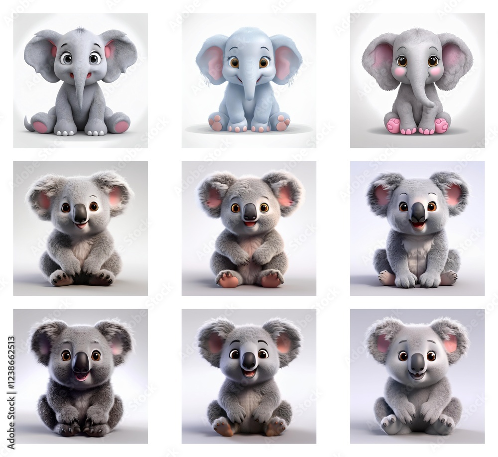 Poster adorable 3d renderings of baby elephants and koalas in various poses. each animal is depicted sittin