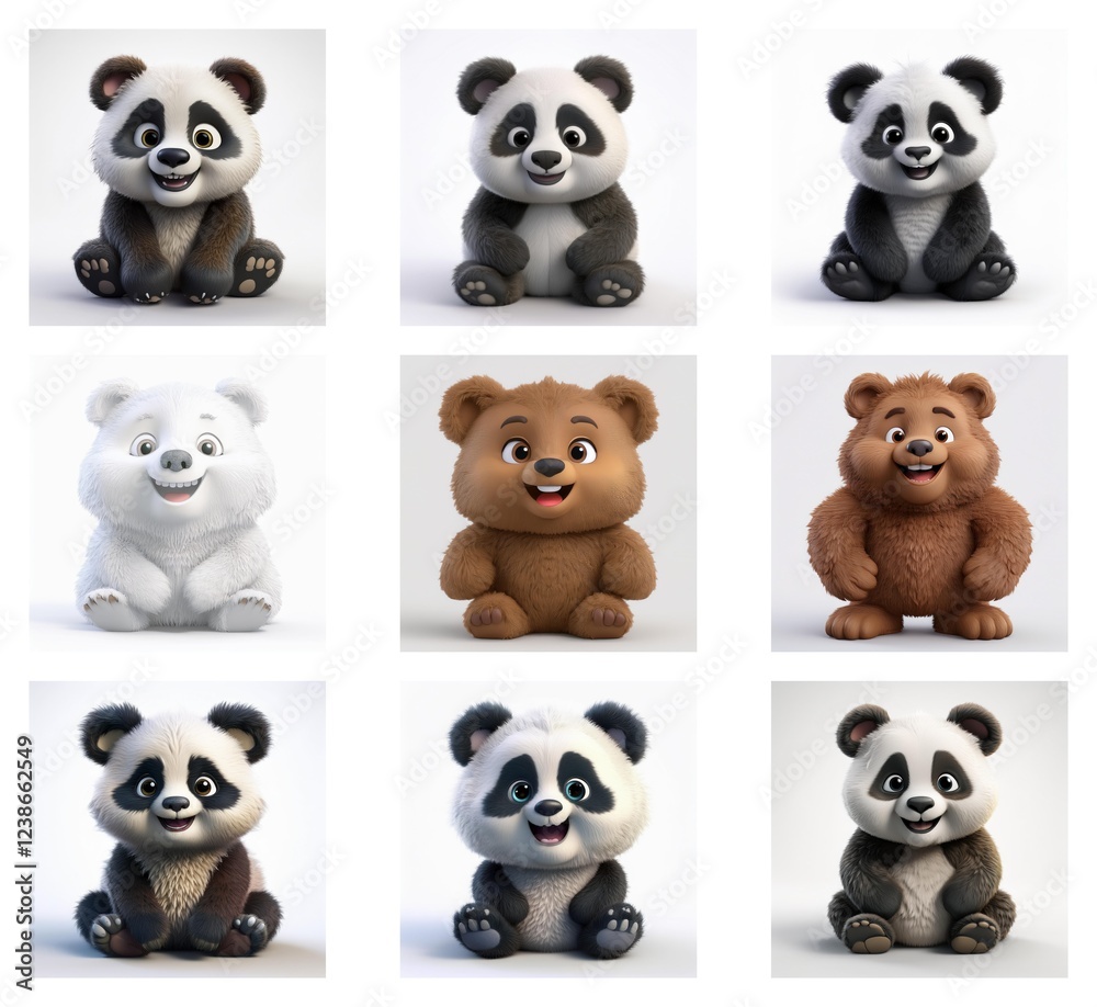 Poster adorable cartoon cubs in various colors and fur textures. nine charming images featuring pandas and 