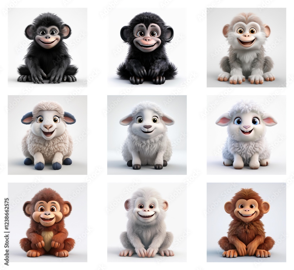 Poster adorable 3d rendered baby animals. nine charming images feature variations of monkeys and lambs in d
