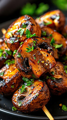 Grilled mushrooms with thyme and garlic, served on a rustic plate with soft lighting in food photography
