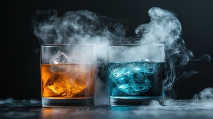 Two vibrant drinks, one orange and one blue, with ice cubes surrounded by swirling steam, creating a captivating visual appeal perfect for beverage-related themes.