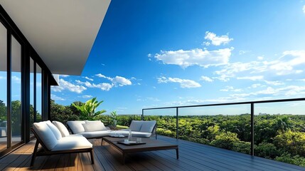 Fototapeta premium Apartment balcony, peaceful park view, 3D illustration
