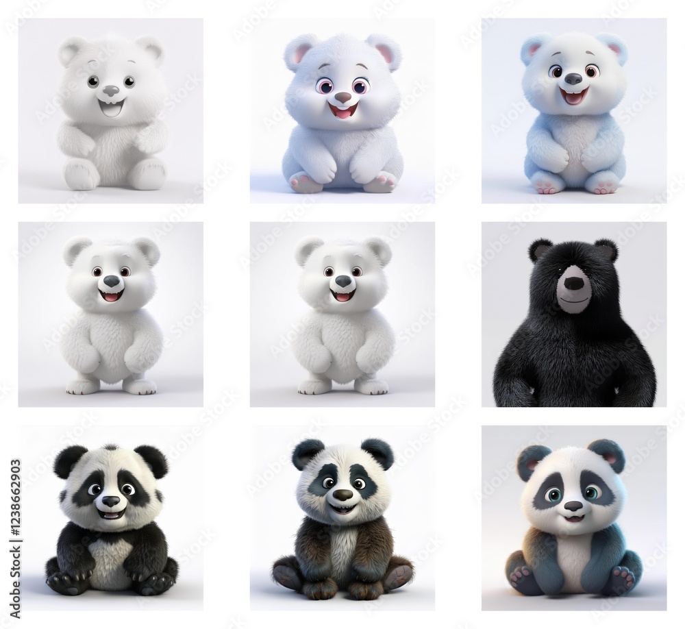Poster adorable 3d renderings of various bear cubs. polar bears, pandas, and a black bear are depicted in a