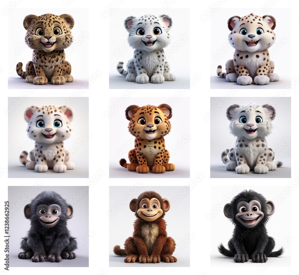 Poster Adorable 3D renderings of baby leopards and monkeys in various color variations.  Sitting poses showcase their playful expressions.