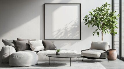 Empty white wall model in modern office space with natural light and wooden furniture. 3d rendering. Living room design. Office.