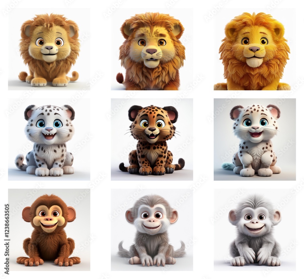 Aufkleber adorable cartoon renderings of lion cubs, snow leopard cubs, and monkey cubs. each animal is depicte